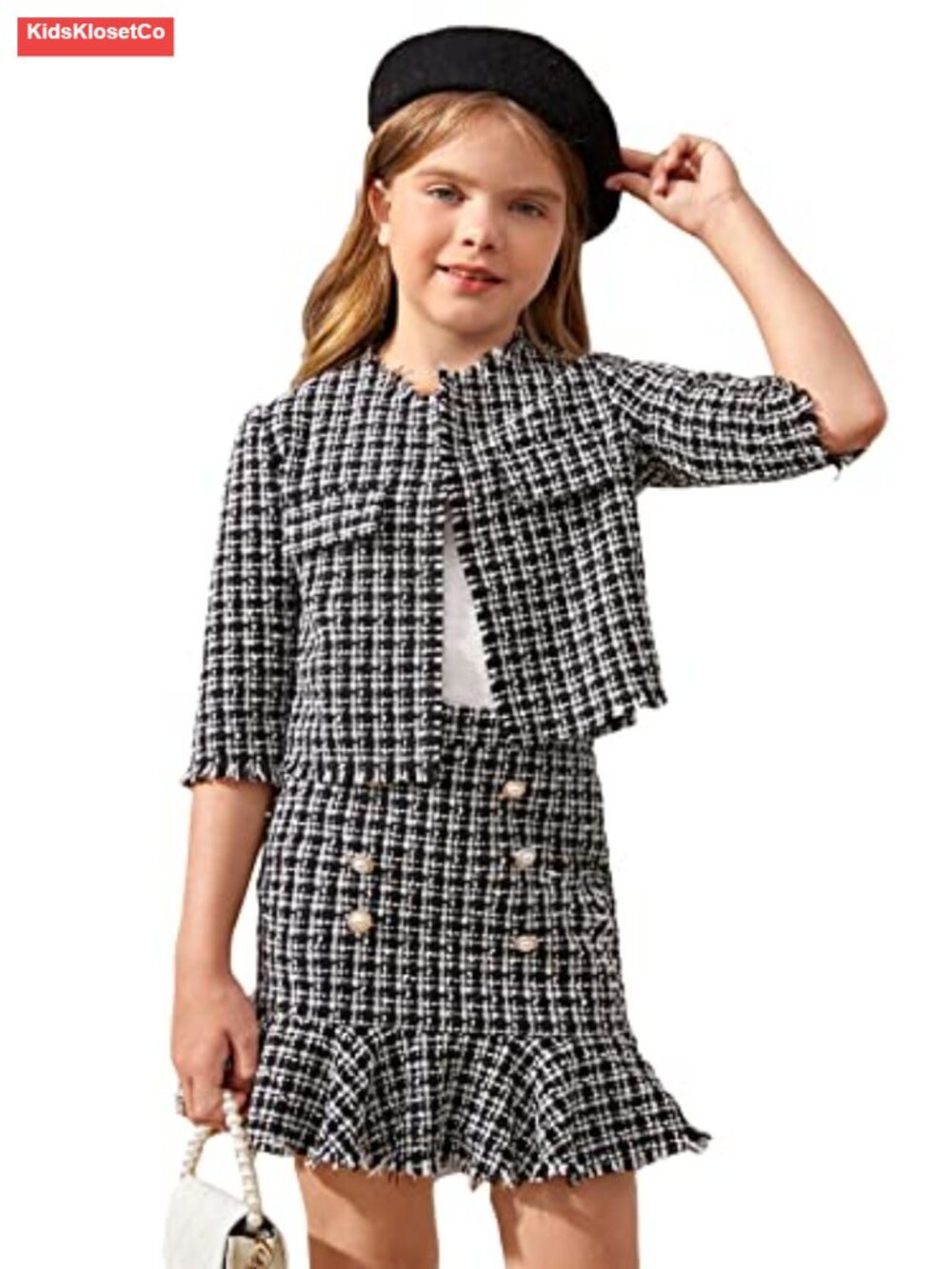 Girls 2 Piece Tweed Skirt Set Plaid Jacket Ruffle Mini Skirt
